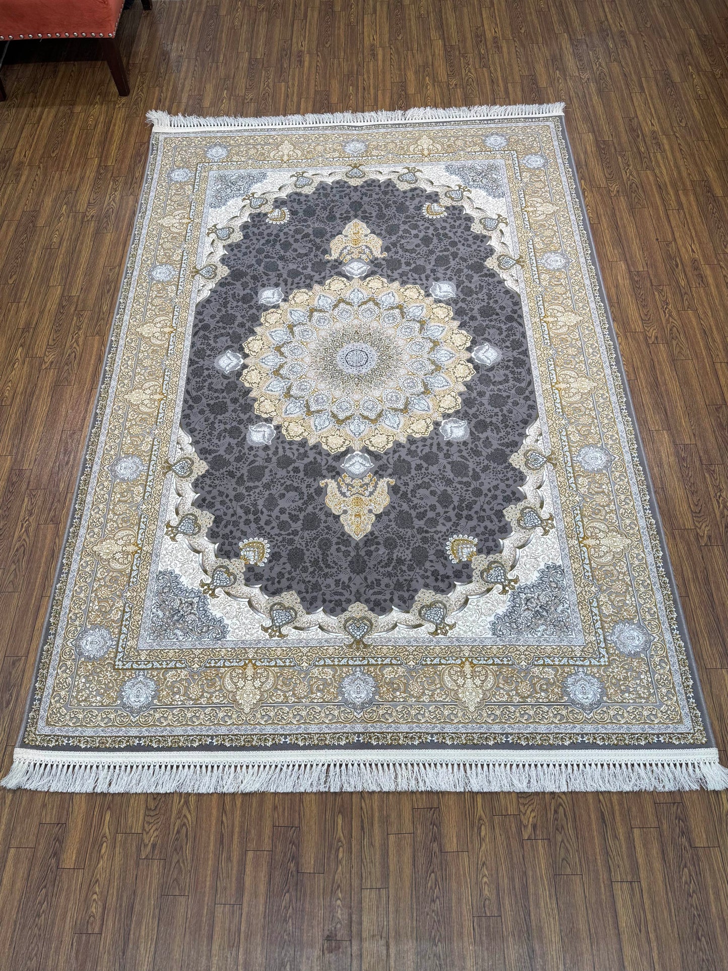 Charcoal Grey Gold Medallion Persian Rug (5x8 ft)