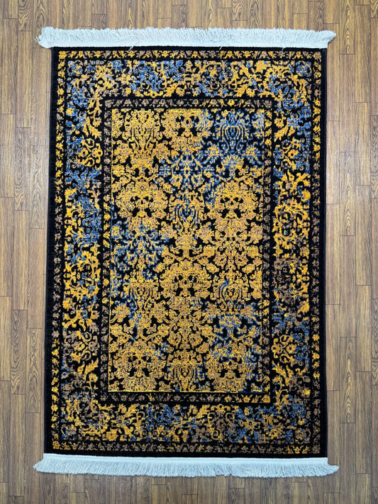 Black & Gold Traditional Floral Medallion Persian Design Rug in (3x5 ft)