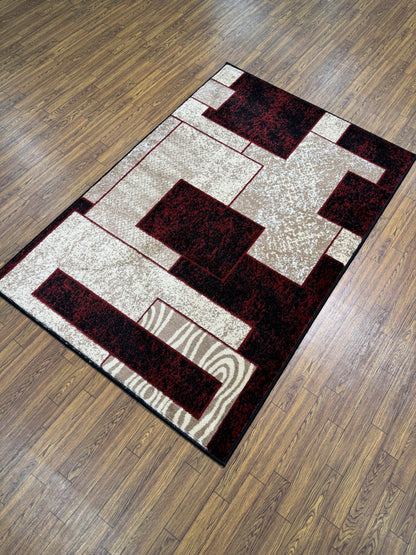 Modern Geometric Abstract Burgundy Persian Rug in (3x5 ft)