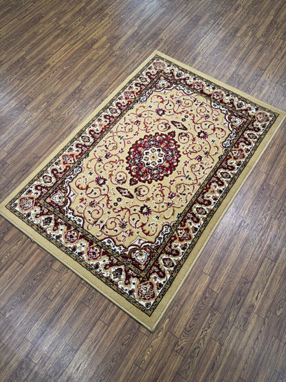 Khaki & Red Traditional Scrollwork Turkish Rug in (3x5 ft)