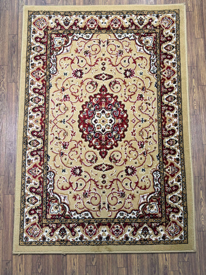 Khaki & Red Traditional Scrollwork Turkish Rug in (3x5 ft)
