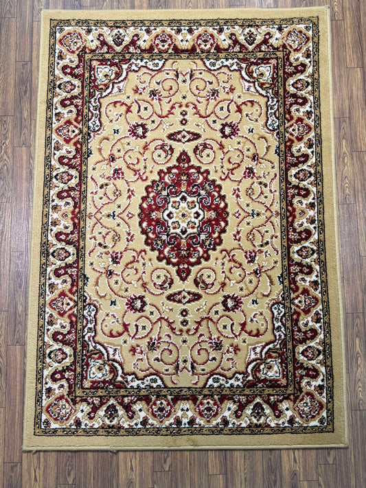 Khaki & Red Traditional Scrollwork Turkish Rug in (3x5 ft)