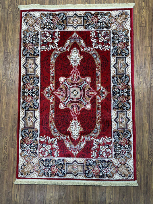 Vibrant Red Elongated Medallion Persian Rug in (3x5 ft)