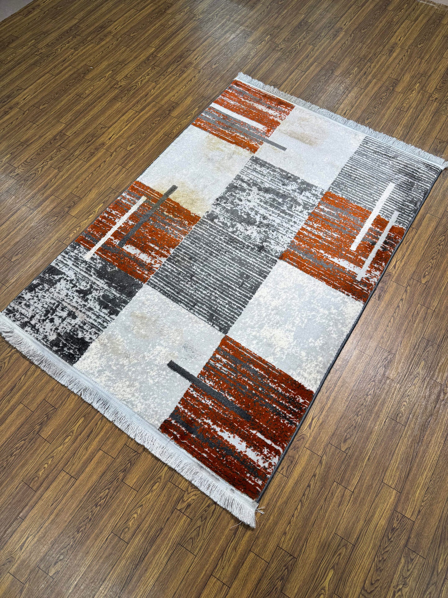 Terracotta & Gray Abstract Textured Blocks Turkish Rug in (3x5 ft)