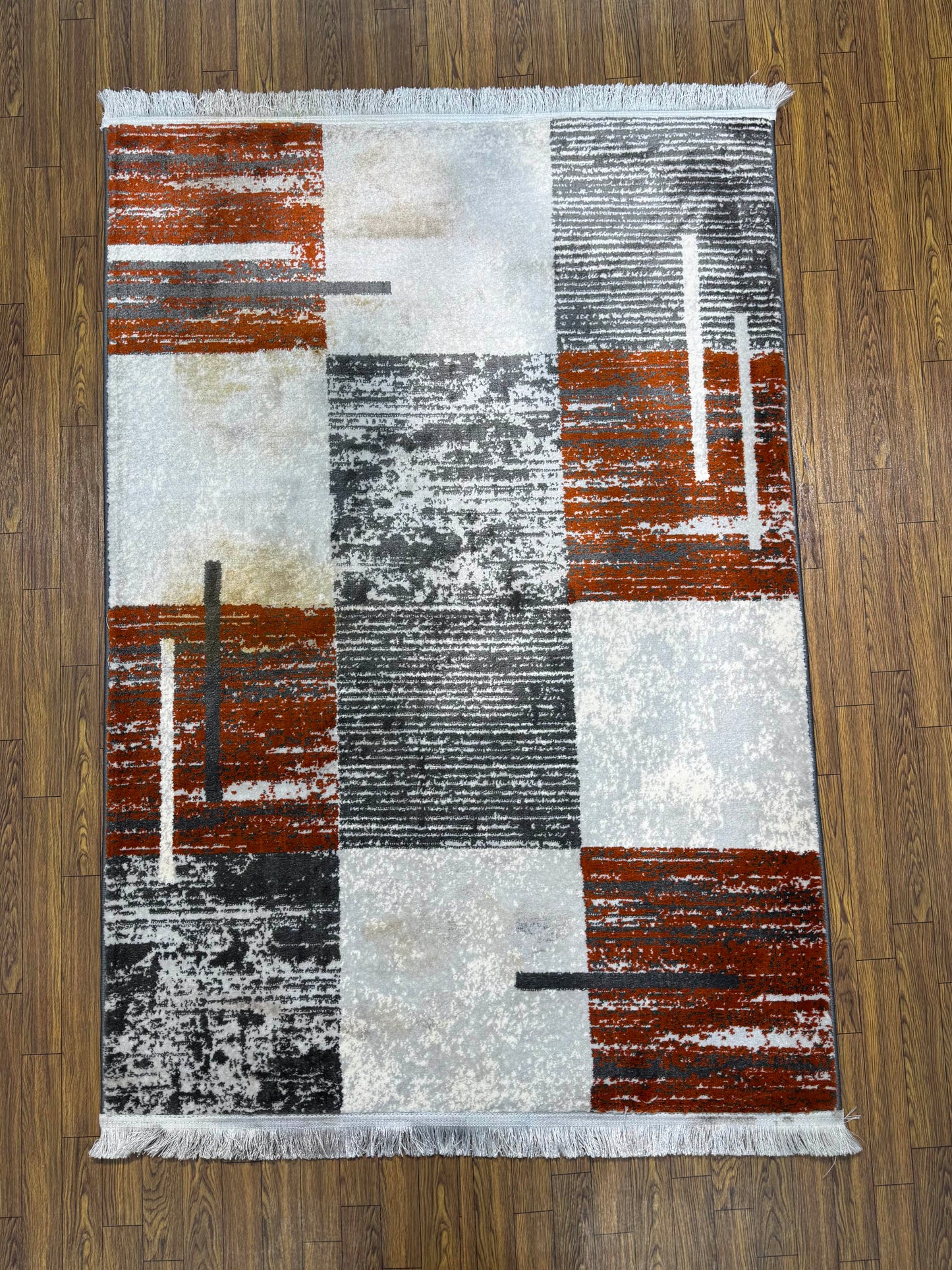 Terracotta & Gray Abstract Textured Blocks Turkish Rug in (3x5 ft)
