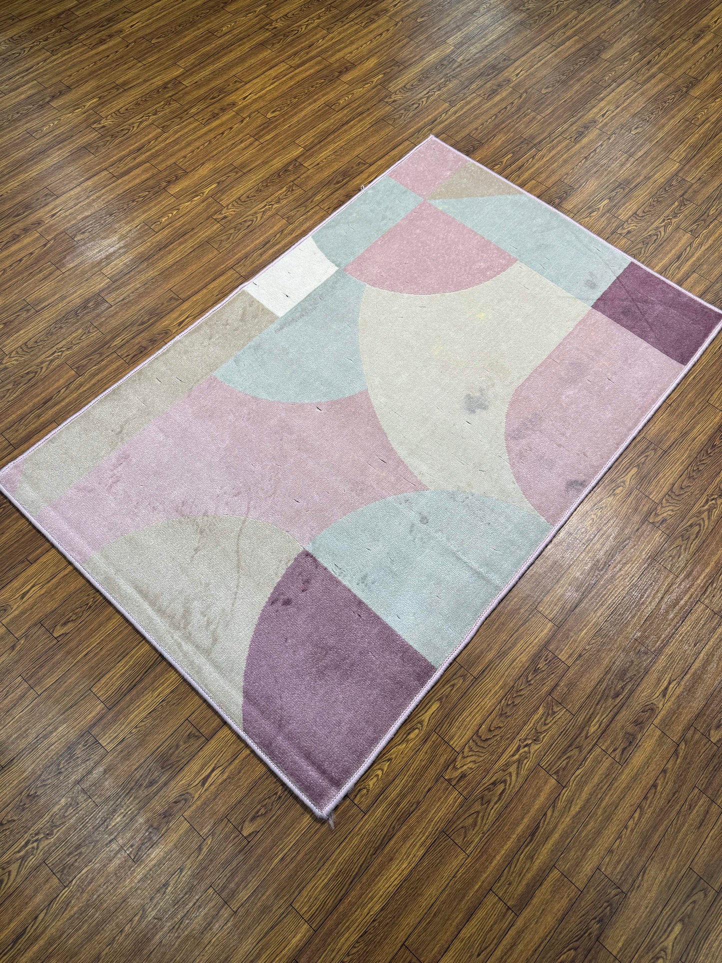 Rich Mauve & Green Abstract Geometric Curves Turkish Rug in (3x5 ft)