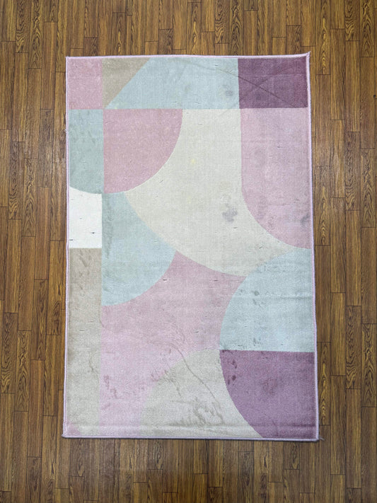 Rich Mauve & Green Abstract Geometric Curves Turkish Rug in (3x5 ft)
