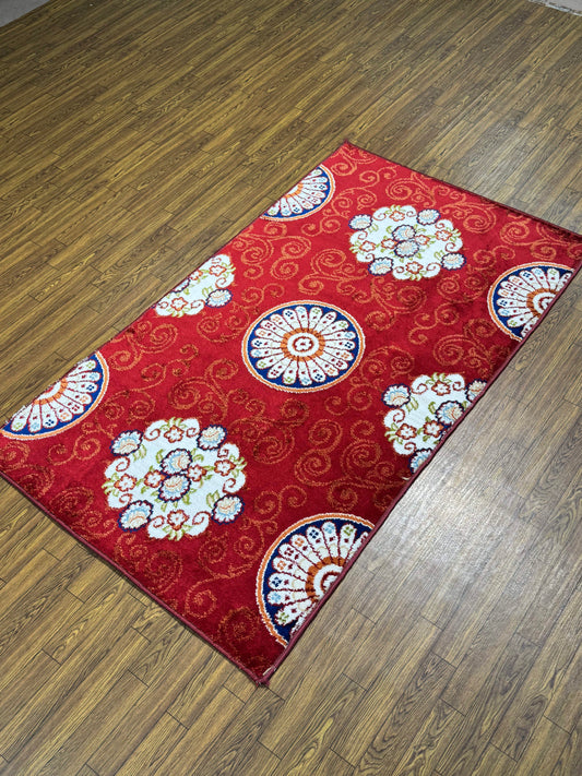 Vibrant Red Scrollwork Floral Rug (3x5 ft)