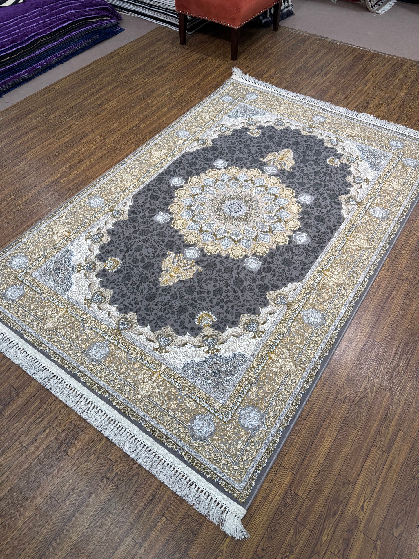 Charcoal Grey Gold Medallion Persian Rug (5x8 ft)