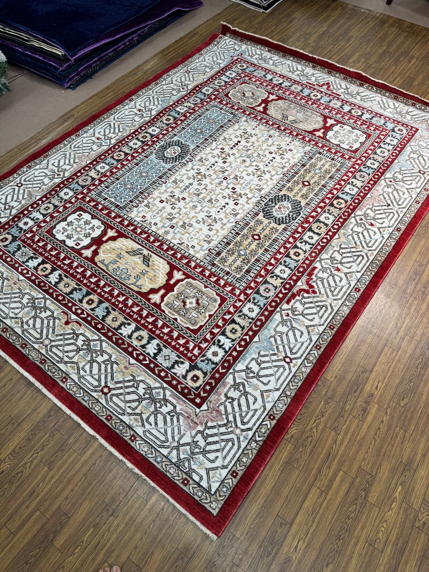 White Red Traditional Tribal Geometric Rug (7x10 ft)