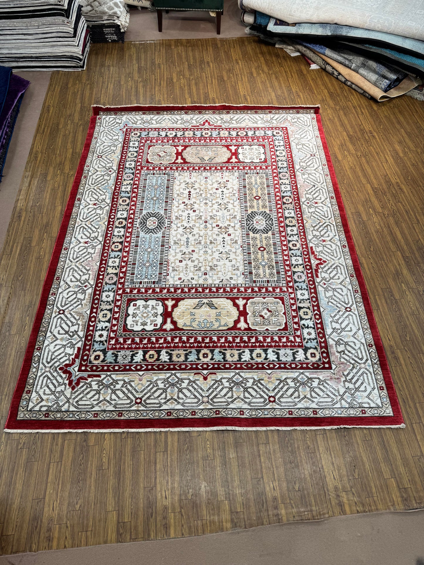 White Red Traditional Tribal Geometric Rug (7x10 ft)
